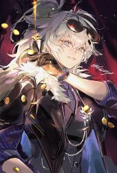  1girl animal_ears arknights artist_name black_cloak blue_eyes chain cloak coin cup diagonal-striped_clothes diagonal-striped_necktie drink drinking_glass eyewear_on_head from_below fur-trimmed_cloak fur_trim gold_coin grey_eyes grey_hair grey_necktie hair_between_eyes hair_ornament hairclip highres holding holding_drink lappland_(arknights) lappland_the_decadenza_(arknights) lappland_the_decadenza_(unruly_humbleness)_(arknights) multicolored_eyes multicolored_necktie necktie parted_lips ponytail purple_shirt scar scar_across_eye scar_on_face shirt shot_glass solo striped_clothes striped_shirt sunglasses teeth twice12314 two-tone_eyes two-tone_necktie upper_body vertical-striped_clothes vertical-striped_shirt watermark wolf_ears wolf_girl 