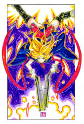  1girl absurdres blazblue blonde_hair blue_cape boots cape dual_wielding dynamic_pose eudetenis gloves green_eyes gun highres holding long_hair marker_(medium) noel_vermillion red_ribbon ribbon thigh_boots traditional_media weapon white_gloves 