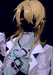  1boy absurdres adjusting_clothes adjusting_gloves blonde_hair eyes_in_shadow glove_pull gloves highres long_hair looking_at_viewer luuk_herssen_(wuthering_waves) male_focus missing_commentary red_eyes shirenyu shirt solo upper_body white_gloves white_shirt wuthering_waves 