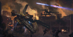  4others aircraft armored_core armored_core:_verdict_day assault_rifle battle black_smoke building cloak commentary commission dual_wielding embers energy_ball english_commentary fire gun helicopter highres holding holding_gun holding_weapon icemarv14 mecha mecha_focus multiple_others power_lines projectile_trail rifle robot science_fiction smoke urban utility_pole weapon 