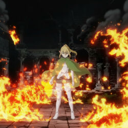  1girl battle best_girl cloak dark_background dungeon dungeon_ni_deai_wo_motomeru_no_wa_machigatteiru_darou_ka dynamic_pose fighting_stance fire flaming_sword flaming_weapon full_body green_hair high_contrast hood hooded_cloak night_sky_sword non-web_source pointy_ears power-up purple_eyes ryu_lion seasons solo sword waifu waifugame weapon 