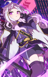  1girl absurdres black_gloves black_halo black_horns black_thighhighs blue_archive coat coat_on_shoulders commentary_request demon_girl demon_horns demon_wings gloves halo highres hina_(blue_archive) horns kasuokasuto looking_at_viewer low_wings multiple_horns purple_halo purple_wings skindentation solo thigh-highs violet_eyes white_hair wings 