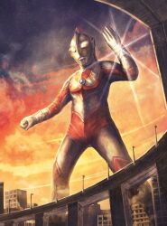  1boy alien building city cityscape clenched_hand color_timer colored_skin commentary compound_eyes dorsal_fin feet_out_of_frame giant giant_male gloves glowing glowing_eyes gradient_sky hand_up highres kaette_kita_ultraman lamppost legs_apart looking_ahead male_focus multicolored_skin multicolored_sky no_pupils orange_sky outdoors overpass pectorals red_skin robuja silver_gloves silver_skin sky solo sparkle standing star_(sky) starry_sky sunset tokusatsu toned toned_male two-tone_skin ultra_bracelet ultra_series ultraman_jack white_eyes wrinkled_skin 