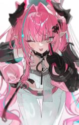  1girl ;p arknights arknights:_endfield black_horns blue_eyes breasts commentary diamond_in_eye dragon_girl dragon_horns eyelid_pull finger_to_eye gloves hair_intakes hair_on_horn highres horns leaning_forward long_hair multicolored_gloves multicolored_hair multicolored_horns mumukyabi one_eye_closed pants pink_gloves pink_hair pink_horns pink_sleeves pink_tube_top simple_background solo strapless streaked_hair thigh_gap thighs tongue tongue_out tube_top two-sided_gloves two-tone_gloves two-tone_horns untranslatable_commentary white_background white_pants yvonne_(arknights) 