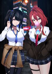  2girls absurdres ahoge asymmetrical_horns black_hair black_horns blue_fire blue_hair breasts chewing_gum clothes_around_waist colored_inner_hair commentary demon_horns elizabeth_rose_bloodflame english_commentary fire highres hololive hololive_english horns huge_ahoge jacket jacket_around_waist large_breasts licking_lips long_hair mole mole_under_eye multicolored_hair multiple_girls nerissa_ravencroft red_eyes red_hair school_uniform tongue tongue_out uneven_horns very_long_hair virtual_youtuber yakuyaku 