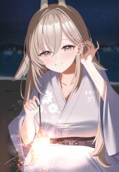  1girl absurdres animal_ears beach blurry blurry_background blush brown_eyes brown_hair chaos_zero_nightmare collarbone commentary_request fireworks grin hair_between_eyes highres hiyayo25 japanese_clothes kimono long_hair looking_at_viewer night ocean outdoors purple_kimono revision senkou_hanabi sereniel_(chaos_zero_nightmare) sidelocks smile solo sparkler squatting very_long_hair wide_sleeves 