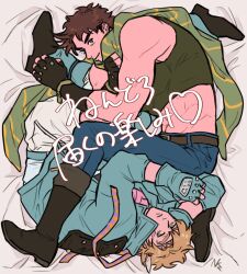  2boys abs battle_tendency belt black_gloves black_shoes blonde_hair blue_gloves blue_jacket blue_pants boots brown_belt brown_boots brown_eyes brown_hair caesar_anthonio_zeppeli chuu_ni closed_mouth collared_jacket commentary_request crop_top fake_head_wings fingerless_gloves from_above gloves green_eyes green_scarf headband heart jacket jojo_no_kimyou_na_bouken joseph_joestar joseph_joestar_(young) looking_to_the_side lying male_focus multiple_boys on_side open_clothes open_jacket pants popped_collar scarf shirt shoes sideways_glance sleeveless sleeveless_shirt smile thick_eyebrows toned toned_male translation_request white_pants 