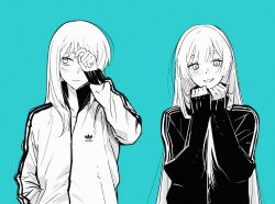  2girls adidas adjusting_hair alternate_costume bikini blue_background blush chinese_commentary cho_kaguya-hime! commentary_request highres jacket long_hair long_sleeves monochrome multiple_girls parted_lips runami_yachiyo sakayori_iroha side-tie_bikini_bottom sleepdeadme sleeves_past_wrists small_sweatdrop smile swimsuit track_jacket upper_body 