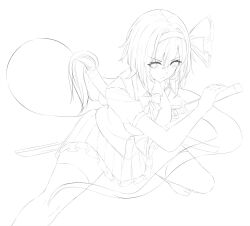  1girl 7saki bow bowtie breasts commentary_request frilled_skirt frills ghost greyscale hairband highres konpaku_youmu konpaku_youmu_(ghost) large_breasts lineart looking_at_viewer medium_hair miniskirt monochrome no_shoes sheath shirt short_sleeves simple_background sketch skirt solo sword sword_on_back thigh-highs touhou unfinished unsheathing v-shaped_eyebrows vest weapon weapon_on_back zettai_ryouiki 
