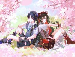  1boy 1girl antenna_hair artist_request back-to-back backpack bag beret black_bag black_boots black_hair black_hat black_shorts black_skirt blue_gem blue_necktie blue_sky blunt_ends blush boots bright_pupils brown_bag brown_boots brown_eyes brown_hat character_request cherry_blossoms closed_mouth collared_shirt colored_inner_hair commentary_request commission contemporary couple cross-laced_clothes cross-laced_shorts cross-shaped_pupils curtained_hair earrings elbow_on_knee falling_petals flower flower_earrings gem genshin_impact gold grass grey_socks grey_sweater_vest hair_intakes hand_on_own_face hand_on_own_thigh hands_on_own_knees hat heart hetero highres jewelry knee_boots knee_up kneehighs korean_commentary lace-up_boots long_hair looking_at_viewer miniskirt multicolored_hair necktie oc_x_canon official_alternate_costume open_collar original outdoors petals pink_flower pink_petals pleated_skirt purple_hair red_hair scaramouche_(cat)_(genshin_impact) scaramouche_(genshin_impact) school_uniform second-party_source shirt short_sleeves shorts shoulder_bag skirt sky smile socks streaked_hair stuffed_animal stuffed_toy sweater_vest symbol-shaped_pupils tsurime undershirt violet_eyes vision_(genshin_impact) wanderer_(genshin_impact) wanderer_(mega_mgc_coffee)_(genshin_impact) white_pupils white_shirt white_sleeves wrist_cuffs wristband 