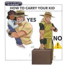  1girl 2boys beard black_shirt blonde_hair boingo collared_shirt commentary_request dark-skinned_female dark_skin denisefanta english_text facial_hair hat hol_horse holding holding_suitcase jojo_no_kimyou_na_bouken joseph_joestar joseph_joestar_(old) meme multiple_boys old old_man runaway_girl_(jojo) shirt short_sleeves suitcase translation_request 