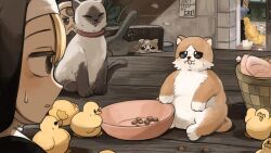  3girls :< baby_animal basket bird blonde_hair bowl brown_eyes brown_hair chicken clumsy_nun_(diva) corn diva_(hyxpk) duck duckling english_commentary froggy_nun_(diva) hedge highres little_nuns_(diva) multiple_girls note nun spicy_nun_(diva) spilling sweatdrop traditional_nun yellow_eyes 