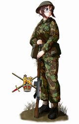 1girl absurdres artist_name battle_rifle black-framed_eyewear black_boots boots breast_pocket british_army brown_eyes brown_hair camouflage closed_mouth cold_war combat_helmet dated edward_y_brad female full_body girls_und_panzer glasses grass gun hair_bun helmet highres holding holding_gun holding_weapon l1a1 military military_combat_uniform military_fatigues military_uniform nilgiri_(girls_und_panzer) pocket rifle round_eyewear sidelocks simple_background solo standing watermark weapon white_background