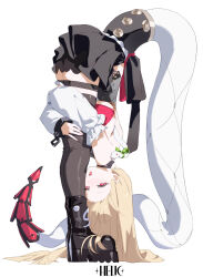  bad_source bent_over black_skirt blonde_hair boots breasts chain cissia_(zenless_zone_zero) collar fangs helic_(7317helic) highres mechanical_tail open_mouth pink_nails red_eyes shorts skirt slit_pupils snake snake_tail tail thigh-highs under_boob zenless_zone_zero 
