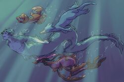  1boy abs air_bubble alternate_form arm_fins blue_hair blue_skin bubble chuu_ni colored_skin commentary_request dragalge eel_boy facial_mark fins floyd_leech floyd_leech_(eel) forehead_jewel from_side golduck head_fins light_rays male_focus monster_boy motion_blur multicolored_eyes multicolored_hair open_mouth pectorals pokemon pokemon_(creature) red_eyes short_hair streaked_hair sunbeam sunlight swimming twisted_wonderland underwater whisker_markings 