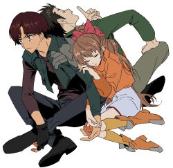  1girl 2boys black_hair boots brown_hair cropped_jacket fingerless_gloves gloves highres hira_(mcohira) index_finger_raised indian_style kazuma_(scryed) kimishima_kunihiko kneehighs leaning_on_person long_hair multiple_boys pants ponytail scryed shoes short_hair simple_background single_fingerless_glove sitting socks white_background yuuta_kanami 