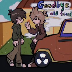  2boys :d ^_^ animification antenna_hair black_pants blue_sky brown_hair brown_pants canon_event car chinese_commentary cigarette closed_eyes clouds commentary_request drawstring edd_(eddsworld) eddsworld english_text fence film_grain flipped_hair from_side full_body grass green_eyes green_hoodie hair_behind_ear hair_ears highres holding holding_cigarette hood hood_down hoodie house immuir in-universe_location long_sleeves looking_at_another male_focus motor_vehicle multiple_boys open_mouth outdoors pants profile red_car red_hoodie red_shoes scene_reference shoes short_hair sky smile smoking sneakers standing thick_lineart tord_(eddsworld) waving 