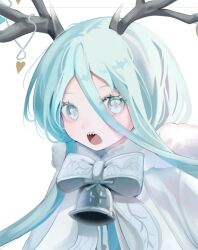  1girl antler_ornament antlers aqua_eyes aqua_hair bell cloak fate/grand_order fate_(series) fur-trimmed_cloak fur_trim hair_between_eyes highres horns long_hair looking_at_viewer louhi_(fate) neck_bell neck_ribbon open_mouth ribbon sharp_teeth simple_background solo teeth upper_body white_background yunu_nuyu 