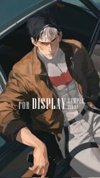  1boy batman_(series) batman_symbol belt black_hair blue_eyes bodysuit brown_jacket dc_comics equanyumeng grey_bodysuit highres jacket jason_todd male_focus multicolored_bodysuit muscular muscular_male open_clothes pants red_hood_(dc) red_hood_and_the_outlaws sample_watermark short_hair superhero_costume taut_bodysuit two-tone_bodysuit utility_belt watermark western_comics_(style) 