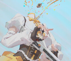  2girls absurdres arm_up black_corset black_gloves black_skirt blonde_hair blue_background bow bowtie breasts chinese_commentary clenched_hand collared_shirt commentary_request confetti corset detached_sleeves drill_hair dual_persona facing_away fingerless_gloves from_behind gloves gun headless highres holding holding_gun holding_weapon large_breasts long_hair long_sleeves magical_girl magical_musket_(madoka_magica) mahou_shoujo_madoka_magica mahou_shoujo_madoka_magica_(anime) mami_mogu_mogu mini_person minigirl mitakihara_school_uniform multiple_girls pleated_skirt puffy_sleeves school_uniform shirt shixin_changjinglu shoes sitting sitting_on_object skirt soul_gem streamers surreal tomoe_mami tomoe_mami_(magical_girl) twin_drills upper_body weapon white_shirt white_shoes yellow_bow yellow_bowtie 