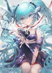  1girl absurdres aqua_eyes aqua_hair bandaid bandaid_on_arm bandaid_on_face between_legs black_choker black_dress black_ribbon broken_glass choker crying dress glass glass_shards hair_between_eyes hair_ribbon hand_between_legs hatsune_miku heart highres long_hair outstretched_hand parted_lips ribbon sitting solo streaming_tears tears twintails twitter_username usagi_aya_(artist) very_long_hair vocaloid white_background 