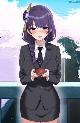  1girl alternate_costume artist_name black_jacket black_skirt black_suit blue_sky blunt_bangs blurry blush box braid business_suit cherry_blossoms chocolate collared_shirt day depth_of_field english_commentary genshin_impact hair_ornament head_tilt heart-shaped_box highres holding jacket kulojawa long_sleeves looking_at_viewer necktie nose_blush outdoors pov purple_nails raiden_shogun shade shirt single_braid skirt sky solo standing suit suit_jacket upper_body valentine white_shirt 