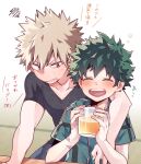  2boys adapted_costume arm_around_shoulder bakugou_katsuki black_shirt blonde_hair blush boku_no_hero_academia closed_eyes commentary_request cup drink freckles green_hair green_shirt highres holding holding_cup looking_at_another male_focus midoriya_izuku morino_(ktdk_0141) multiple_boys open_mouth pectorals red_eyes scar scar_on_arm scar_on_hand shirt short_hair short_sleeves spiky_hair tears 