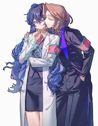  1boy 1girl arm_around_shoulder black_pants character_request check_character closed_mouth coat crossdressing crossdressing_(mtf) eyelashes glasses hair_between_eyes hair_intakes highres hologram hong_lu_(project_moon) limbus_company long_hair necktie open_clothes open_coat pants pencil_skirt project_moon red_necktie rodion_(project_moon) shirt simple_background skirt sontakumuyo very_long_hair white_background white_coat white_shirt 