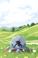  1girl absurdres amazora_owl_02 black_hair blush blush_stickers closed_eyes clouds commentary_request dandelion drifloon female_protagonist_(pokemon_pokopia) flower highres open_mouth outdoors plant pokemon pokemon_(creature) pokemon_pokopia professor_tangrowth scenery shirt sitting sky smile tangrowth vines white_shirt 