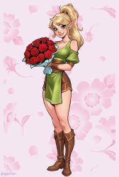  1girl absurdres artist_name asymmetrical_bangs bare_legs blonde_hair boots bouquet bracer breasts brown_boots brown_sash brown_skirt collarbone commentary commission elf english_commentary eyelashes floral_background flower full_body green_eyes green_shirt happy high_ponytail highres holding holding_bouquet kasparition leather leather_boots legs_together loincloth long_hair long_legs long_pointy_ears looking_at_viewer medium_breasts miniskirt off-shoulder_shirt off_shoulder pink_background pointy_ears ponytail red_flower red_rose rose sash shirt sidelocks simple_background skirt smile standing teeth 