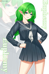  1girl absurdres alternate_costume black_sailor_collar black_serafuku black_shirt black_skirt braid breasts busty character_name collarbone commission commissioner_upload cowboy_shot earrings elf euphemy_sylvaine green_eyes green_hair grin hands_on_own_hips highres jewelry large_breasts long_hair long_sleeves looking_at_viewer lori_hagami medium_breasts neckerchief official_art patreon_logo patreon_username pleated_skirt pointy_ears sailor_collar school_uniform serafuku shirt simple_background skirt smile solo standing twin_braids username ways_of_darkness_(series) white_background white_neckerchief zoom_layer 