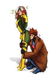  1boy 1girl artist_name aztexarts belt black_bodysuit black_gloves blush bodysuit brown_coat brown_hair cellphone closed_eyes closed_mouth coat colored_bangs commentary cropped_jacket english_commentary facial_hair freckles gambit gloves green_belt green_bodysuit green_eyes green_headband green_jacket hand_up headband heart highres holding holding_phone hug hugging_another's_leg jacket lapels long_hair long_sleeves looking_at_viewer marvel multicolored_bodysuit multicolored_hair notice_lines on_one_knee open_clothes open_coat open_jacket parted_hair parted_lips partially_fingerless_gloves phone red_lips rogue_(x-men) shadow short_hair signature simple_background smartphone smile standing stubble superhero_costume two-tone_hair white_background white_hair x-men yellow_bodysuit yellow_gloves 