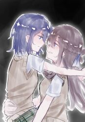  2girls alessia_(sg4897972626024) blue_eyes blue_hair braid brown_hair brown_sweater_vest closed_mouth commentary_request eye_contact green_skirt half_up_braid hand_on_another's_waist highres long_hair looking_at_another medium_hair miyagi_shiori multiple_girls parted_lips school_uniform sendai_hazuki shirt shuuniichido_classmate_wo_kau_hanashi sitting sitting_on_lap sitting_on_person skirt sweater_vest violet_eyes white_shirt yuri 