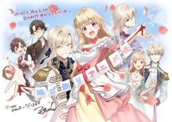  2girls 5boys absurdres aida_ametis announcement_celebration ascot basket blonde_hair blue_coat blue_eyes blue_sky blush brass_knuckles breasts brown_ascot brown_hair character_request child closed_mouth clouds coat collared_shirt commentary_request day dress epaulettes falling_petals fringe_trim glasses green_coat green_dress grey_hair grin hair_intakes hair_ornament highres holding holding_basket ireneo_marque layered_dress long_hair long_sleeves maria_annovazzi medium_breasts mito_itsuki multiple_boys multiple_girls nigashita_sakana_wa_ookikatta_ga_tsuriageta_sakana_ga_ookisugita_ken off-shoulder_dress off_shoulder official_art open_clothes open_coat open_mouth petals pink_dress placido_di_rubini purple_coat raimondo_tigatta red_petals renato_di_rubini second-party_source shirt short_hair signature sky smile translation_request violet_eyes weapon white_coat white_shirt yellow_dress 