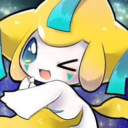  >_o 1other :3 :d blue_eyes blush commentary_request facial_mark fang jirachi light_blush looking_at_viewer one_eye_closed other_focus pokemon pokemon_(creature) pokemon_focus smile solo star_(sky) starry_sky_background suppainu thick_lineart upper_body 