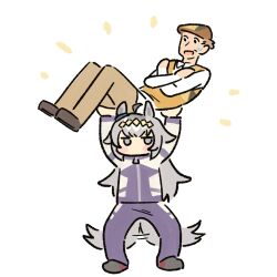  1boy 1girl absurdres animal_ears arms_up bilingual_commentary blue_eyes blue_jacket blue_pants brown_hat commentary crossed_arms diamond_hairband ear_ornament flat_cap grey_hair hat highres horse_ears horse_girl horse_tail jacket jitome kasamatsu_tracen_training_uniform kitahara_jou lifting_person long_hair long_sleeves mixed-language_commentary no_mouth oguri_cap_(umamusume) pants reo_000 simple_background tail track_jacket track_pants umamusume umamusume:_cinderella_gray white_background 