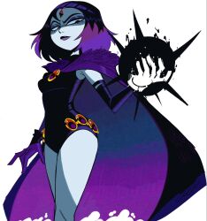  1girl ass black_leotard breasts cape cloak colored_skin commentary darkness dc_comics detached_sleeves forehead_jewel grey_skin highres jojomama38 leotard looking_at_viewer purple_cape purple_cloak purple_hair purple_lips raven_(dc) shaded_face short_hair solo superhero_costume teen_titans thighs umbrakinesis 