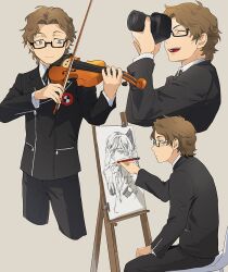  1boy black-framed_eyewear black_ribbon bow_(music) brown_eyes brown_hair camera closed_mouth commentary_request cropped_legs drawing_(action) gekkoukan_high_school_uniform glasses hiraga_keisuke holding holding_bow_(music) holding_camera holding_pen isa_(peien516) male_focus multiple_views neck_ribbon pen persona persona_3 playing_violin rectangular_eyewear ribbon school_uniform semi-rimless_eyewear short_hair under-rim_eyewear 