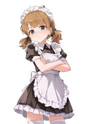  1girl absurdres apron b1ack_illust black_dress blue_eyes brown_hair closed_mouth commentary_request cowboy_shot crossed_arms dress enmaided flat_chest highres idolmaster idolmaster_million_live! idolmaster_million_live!_theater_days looking_at_viewer maid maid_apron maid_headdress official_alternate_hairstyle puffy_short_sleeves puffy_sleeves short_hair short_sleeves short_twintails simple_background solo standing suou_momoko thigh-highs twintails white_apron white_background white_thighhighs 