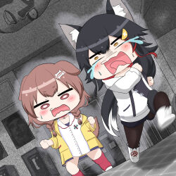  2girls absurdres animal_ear_fluff animal_ears black_hair black_hoodie black_pantyhose commentary_request dog_ears dog_girl dog_tail dress hair_ornament hairpin highres hiro_(phese) hololive hood hoodie inugami_korone inugami_korone_(1st_costume) jacket long_hair looking_at_viewer multicolored_hair multiple_girls official_alternate_costume ookami_mio ookami_mio_(hoodie) pantyhose ponytail red_socks red_streaks socks streaked_hair tail two-tone_hoodie virtual_youtuber white_dress white_hoodie wolf_ears wolf_girl yellow_jacket 