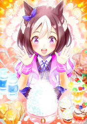  1girl animal_ears bottle bow bowl braid brown_hair carrot_hamburger_steak chiffon collared_shirt commentary_request cupcake food glutton highres horse_ears horse_girl jacket milk_bottle multicolored_hair open_mouth purple_bow purple_ribbon purple_vest ribbon rice_bowl shirt smile special_week_(special_dreamer)_(umamusume) special_week_(umamusume) two-tone_hair umamusume vest violet_eyes white_hair white_shirt wristband 