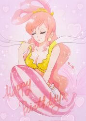  1girl bikini blush closed_eyes commentary earrings full_body hagoromo half_updo happy_birthday heart highres jewelry long_hair merfolk mermaid monster_girl one_piece pink_hair pinkpearl_9kk shawl shell shell_earrings shirahoshi sidelocks smile solo swimsuit yellow_bikini 
