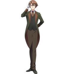  1boy adjusting_eyewear ascot black_vest brown_ascot brown_eyes brown_hair brown_pants closed_mouth coat collared_shirt commentary_request full_body gloves green_coat hand_on_eyewear long_sleeves looking_at_viewer male_focus nigashita_sakana_wa_ookikatta_ga_tsuriageta_sakana_ga_ookisugita_ken official_art open_clothes open_coat pants raimondo_tigatta second-party_source shirt short_hair solo transparent_background vest white_gloves white_shirt 
