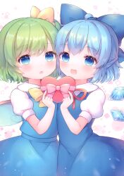  2girls :d :o absurdres ahoge blue_bow blue_dress blue_eyes blue_hair blue_wings bow box cirno coa_(chroo_x) collared_shirt daiyousei detached_wings dress fairy_wings gift gift_box green_hair hair_bow heart-shaped_box highres holding holding_gift ice ice_wings looking_at_viewer multiple_girls neck_ribbon one_side_up open_mouth puffy_short_sleeves puffy_sleeves red_ribbon ribbon shirt short_sleeves sleeveless sleeveless_dress smile third-party_source touhou white_background white_shirt wings yellow_bow 