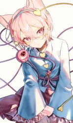  1girl :/ absurdres animal_ears blue_hairband blue_shirt buttons cat_ears cat_girl closed_mouth crossed_bangs double-parted_bangs dutch_angle eye_(chick1116) feet_out_of_frame floral_print flower_hairpin flower_in_eye frilled_shirt frills hair_between_eyes hair_ornament hairband head_tilt heart heart_button heart_hair_ornament highres kemonomimi_mode kneeling komeiji_satori long_sleeves looking_up pink_eyes pink_hair pink_skirt pink_trim rose_print shirt short_hair sidelighting sitting skirt solo symbol_in_eye third_eye touhou wide_sleeves 