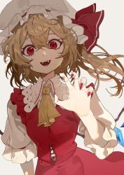  1girl absurdres blonde_hair collared_shirt commentary_request crystal crystal_wings dress fingernails flandre_scarlet frilled_shirt_collar frills hair_between_eyes hat highres long_fingernails long_hair looking_at_viewer mob_cap multicolored_wings one_side_up open_mouth pinafore_dress reaching reaching_towards_viewer red_dress red_eyes red_nails sharp_fingernails shimiya_jin shirt sleeveless sleeveless_dress smile solo touhou white_hat white_shirt wings 