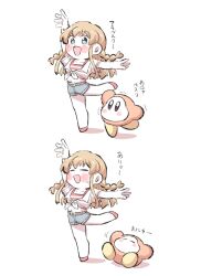 1girl blush_stickers borderless_panels braid brown_hair commentary_request cropped_shirt crossover dancing deformed denim denim_shorts idolmaster idolmaster_million_live! kirby_(series) kousaka_umi midriff navel ngetyan open_mouth shorts simple_background standing standing_on_one_leg translation_request waddle_dee white_background 
