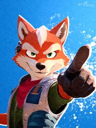  1boy absurdres animal_ears artist_name black_gloves closed_mouth english_commentary fox_boy fox_ears fox_mccloud furry furry_male gloves green_eyes green_jumpsuit highres jumpsuit looking_at_viewer male_focus oravert69522 pointing smile star_fox super_mario_bros. the_super_mario_galaxy_movie upper_body vest whiskers white_vest 