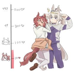  2girls ? ?? ahoge animal_ears belno_light_(umamusume) bilingual_commentary blue_eyes blue_jacket blue_pants bow brown_eyes brown_hair brown_shoes brown_sweater closed_mouth clothes_around_waist commentary diamond_hairband dress_shirt drill_hair drill_sidelocks ear_bow ear_ornament flexing frown grey_hair hanging_on_another heart highres holding_another's_arm horse_ears horse_girl horse_tail jacket kasamatsu_tracen_school_uniform kasamatsu_tracen_training_uniform kiss_meter_(meme) legs_up loafers long_sleeves meme miniskirt mixed-language_commentary multiple_girls norn_ace_(umamusume) oguri_cap_(umamusume) open_mouth pants pleated_skirt ponytail red_bow reo_000 school_uniform shirt shoes side_drill sidelocks simple_background skirt standing sweater sweater_around_waist tail thigh-highs track_jacket track_pants umamusume umamusume:_cinderella_gray white_background white_shirt white_skirt white_thighhighs 