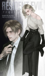  1boy 1girl adjusting_clothes adjusting_footwear adjusting_necktie ankle_boots belt black_boots black_gloves black_jacket black_necktie black_pantyhose black_skirt blonde_hair blue_eyes boots brown_eyes brown_hair chinese_commentary collared_shirt commentary_request copyright_name earrings gloves grace_ashcroft grace_ashcroft_(noir) highres holding_own_skirt hoop_earrings jacket jewelry laigenxianchangchang lapels leg_up leon_s._kennedy necktie off-shoulder_shirt off_shoulder pantyhose resident_evil resident_evil_requiem shirt short_hair single_bare_shoulder single_off_shoulder skirt white_shirt 